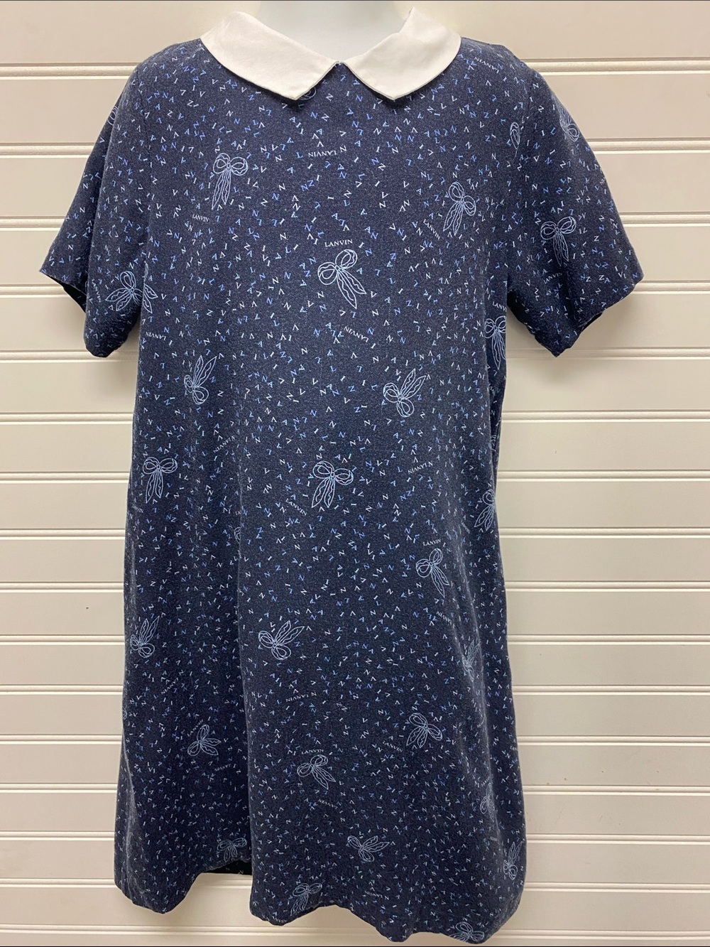 Lanvin Navy Blue Peter Pan Collar Logo Print Jersey Knit Shirt Dress Girls 8